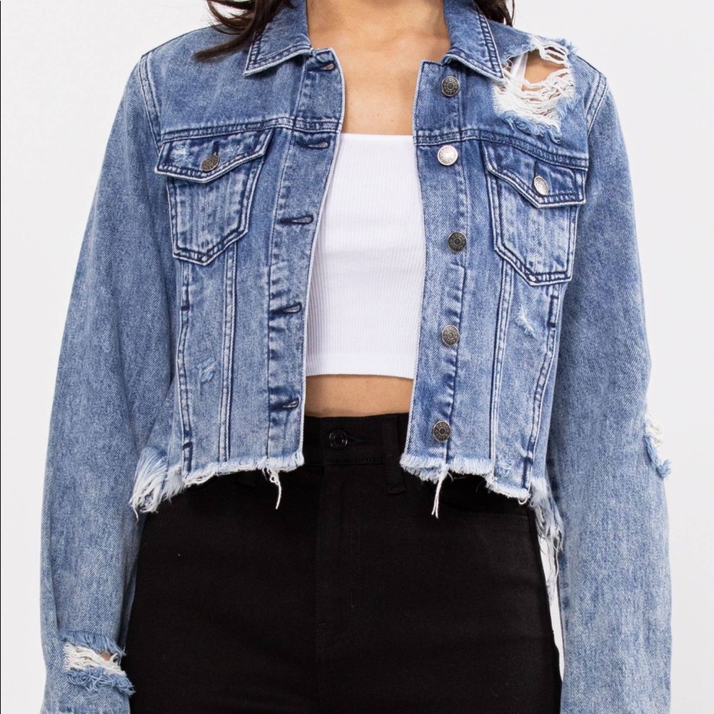 Distressed Ripped Cropped Denim Jean Jacket